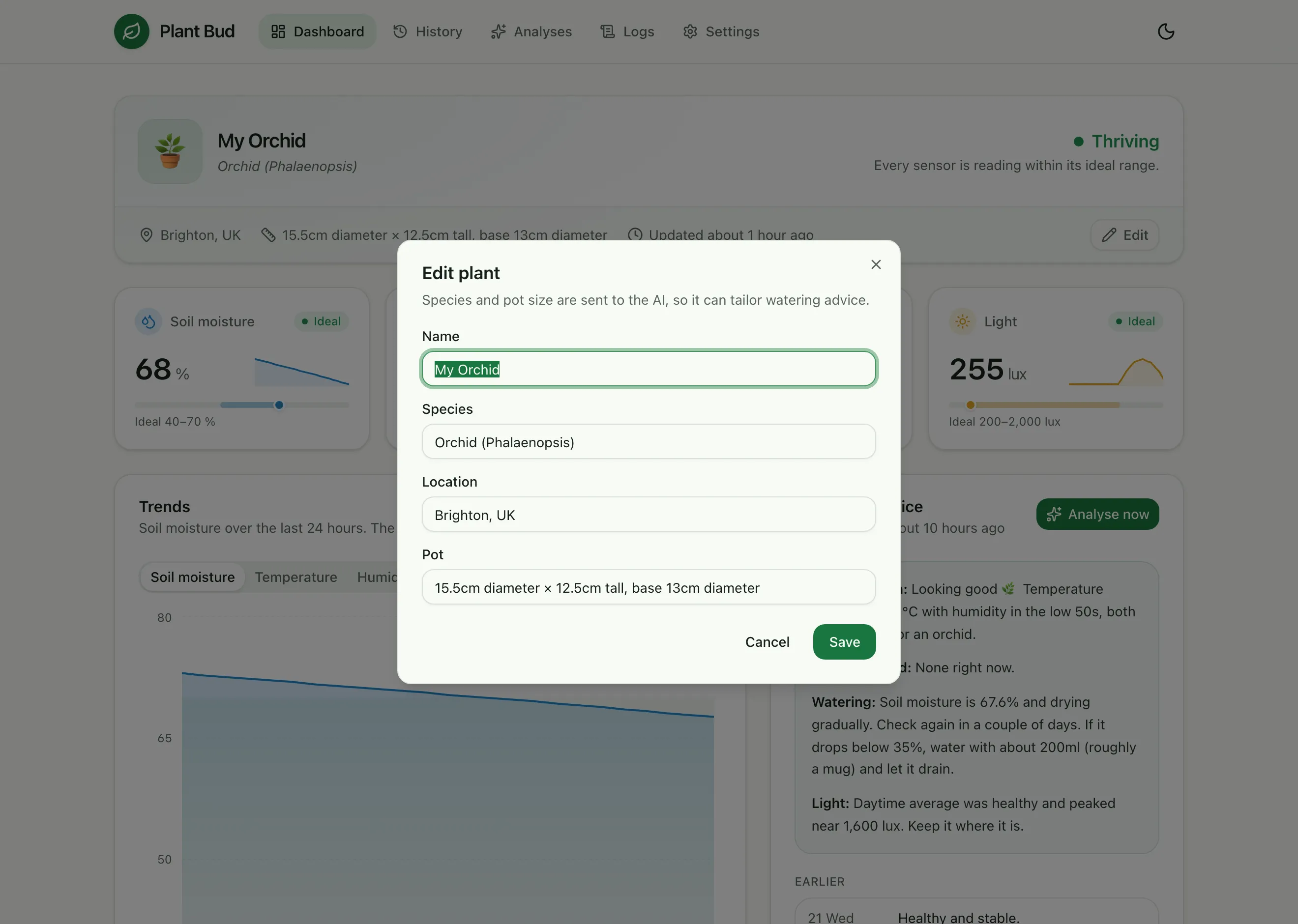 The edit plant dialog, with fields for name, species, location and pot size. The description reads: “Species and pot size are sent to the AI, so it can tailor watering advice.”