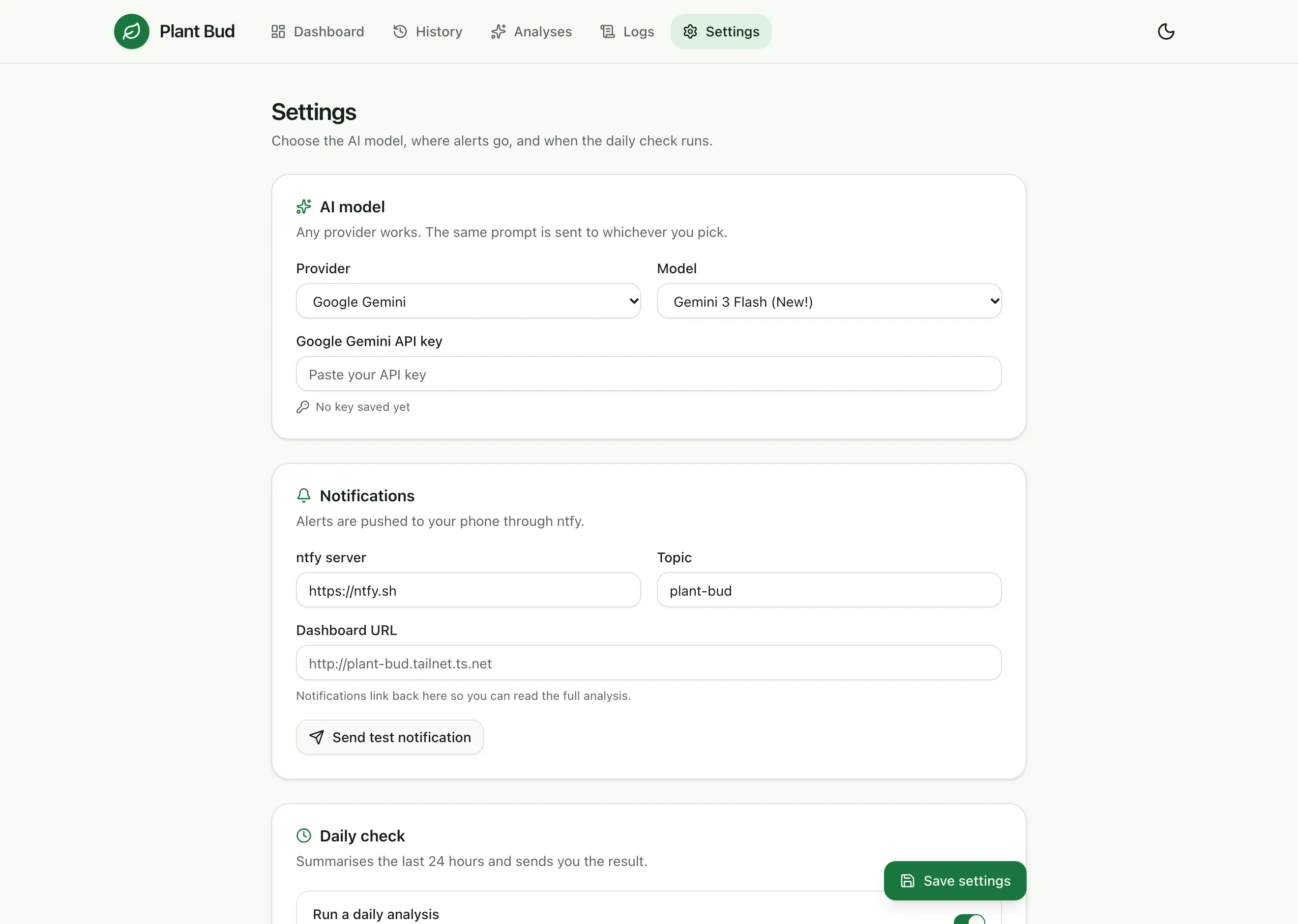 The settings page: a provider and model picker set to Google Gemini, an API key field, ntfy notification settings and a daily check toggle